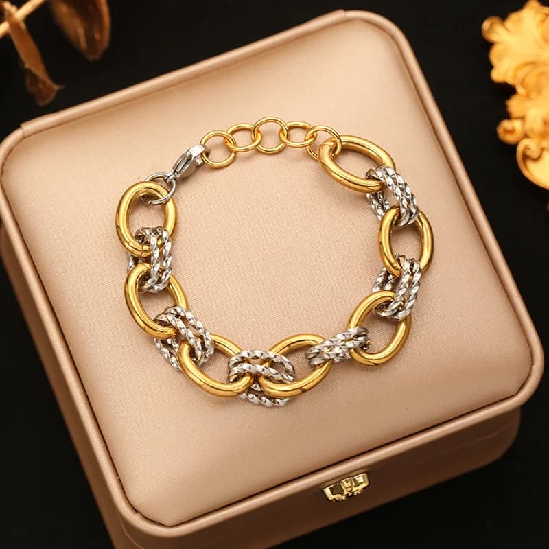 سوار صلب (Bangle) بسلسلة سميكة ثنائية اللون من الفولاذ المقاوم للصدأ 316L