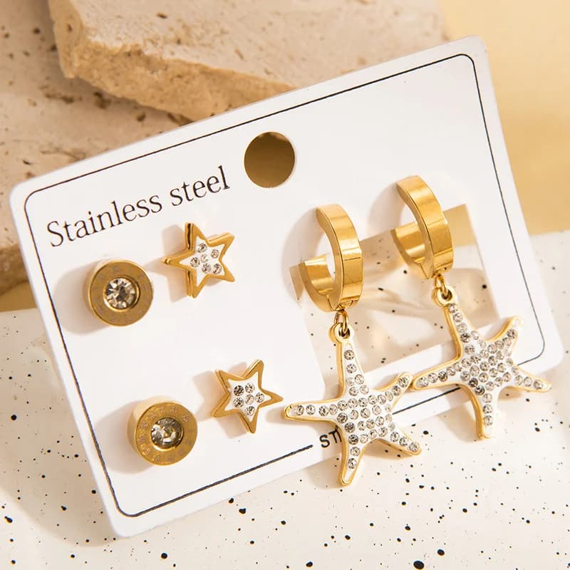طقم أقراط مشبكية (ستدي) بنجمة خماسية وزركون - 3 أزواج